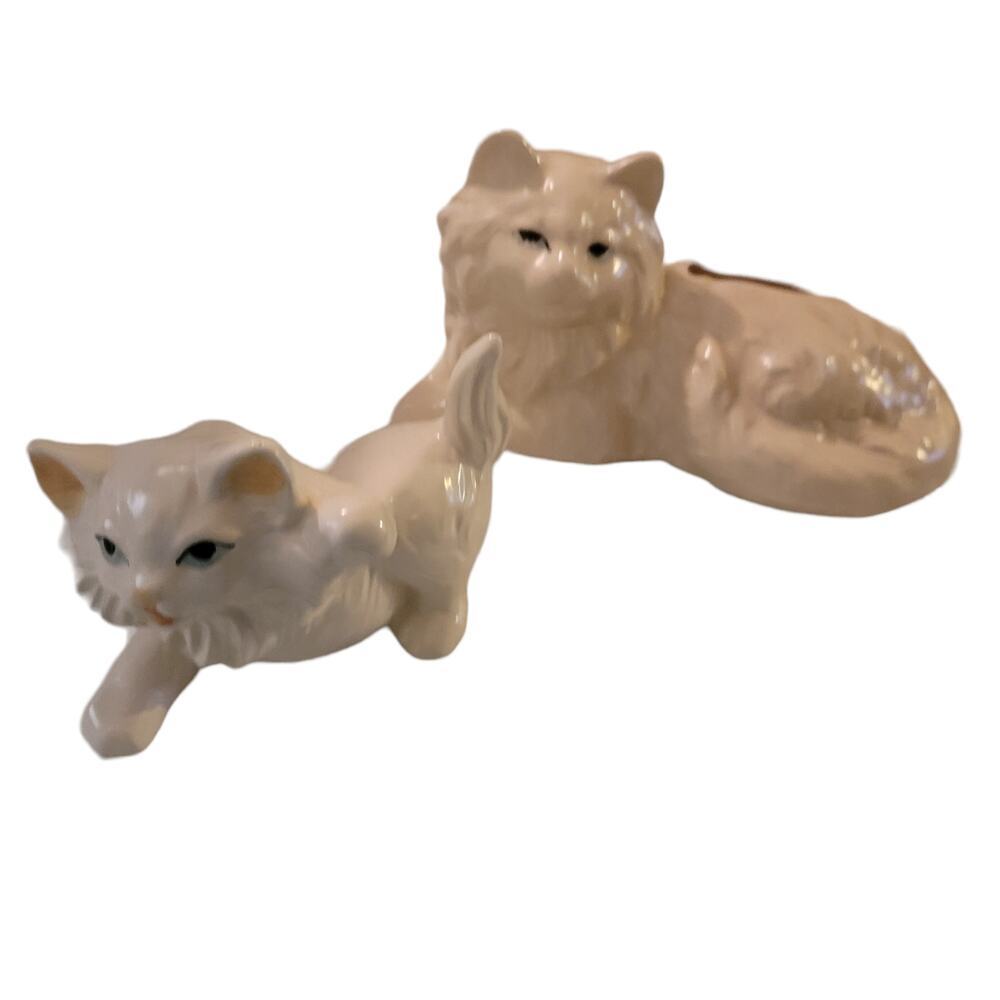 Vintage 70's  Hand Painted Long Haired Mom Cat Planter and Kitten